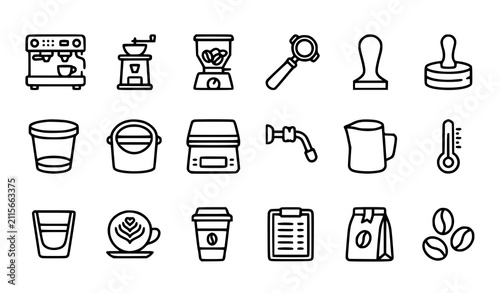 Foto Professional Barista Equipment Editable Stroke Line Icons Set for Coffee Shop an