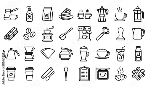 Foto 32 Coffee Thin Outline Icons Set with Turkish Coffee Moka Pot French Press and C