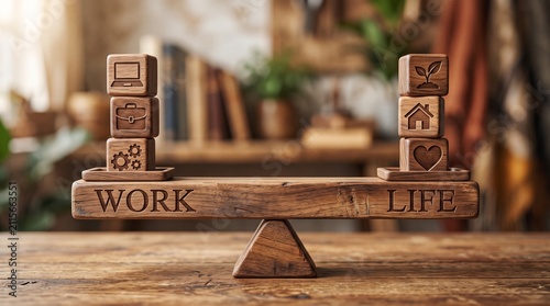Balancing Act: Wooden blocks depicting symbols of work and life are balanced on a scale, illustrating the concept of work-life balance.