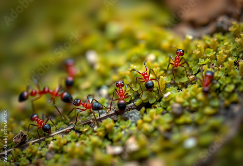 Red ants walking on green m...