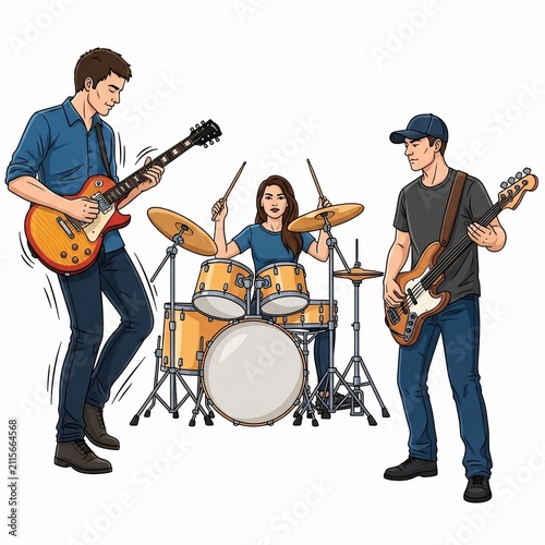 Vibrant Hand-Drawn Band Jamming: Electric Guitars & Energetic Drummer in Bold Colors