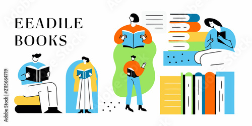 People reading books colorful vector illustration for educational themes