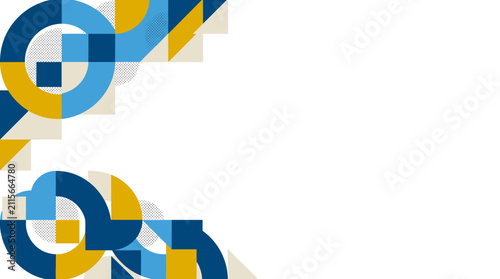Minimalist geometric corner frame with blue and yellow shapes and dotted textured elements