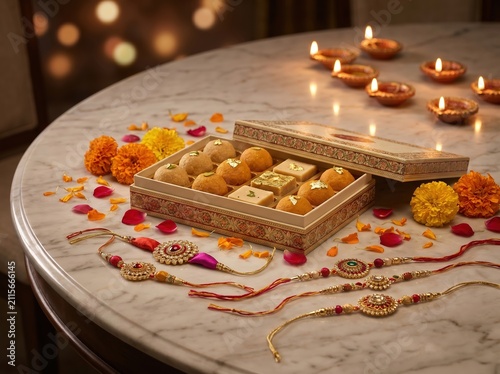 Premium raksha bandhan gift arrangement with sweets diyas and rakhis for festive banner design and holiday background