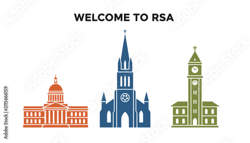 Welcome to RSA graphic illustration showing a classic legislative building, a traditional stone church, and a historical clock tower.