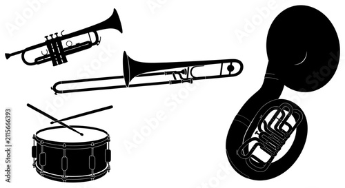 Bild auf Leinwand Black musical instruments on white background with instruments including trumpet