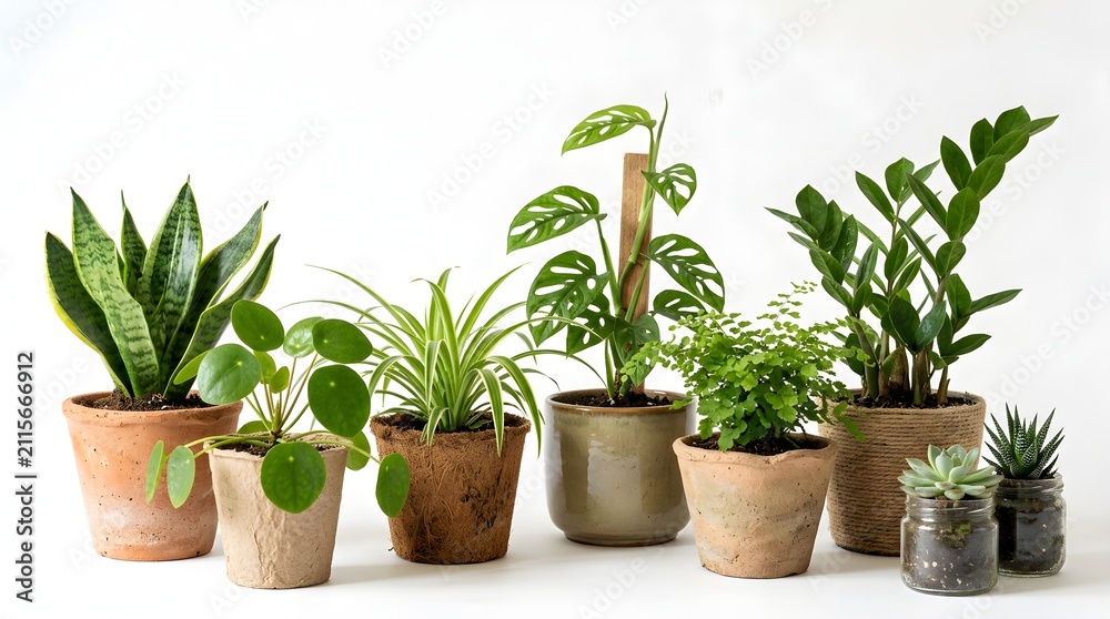 Fototapeta premium Potted indoor plants in recyclable containers on white shelf. Eco-friendly home decor with sustainable terracotta and ceramic planters.