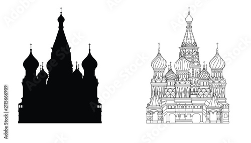Stunning artistic representation of the iconic Saint Basil Cathedral in Moscow shown as a black silhouette and a detailed line drawing.