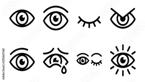 Konstfotografi Set of eye icon variations with various expressions, open, closed, crying, angry, and winking eyes line art vector illustration