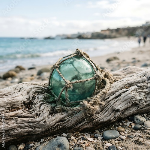 A vintage green glass fishing float wrapped in a weathered rope net resting on a piece of driftwood on a sandy beach by the ocean