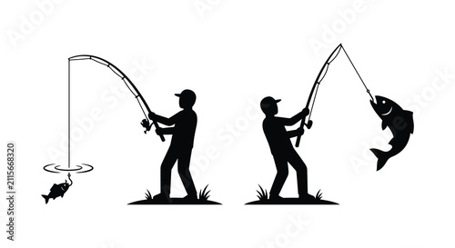 Fishermen silhouettes with fishing rods and fish black against a white background