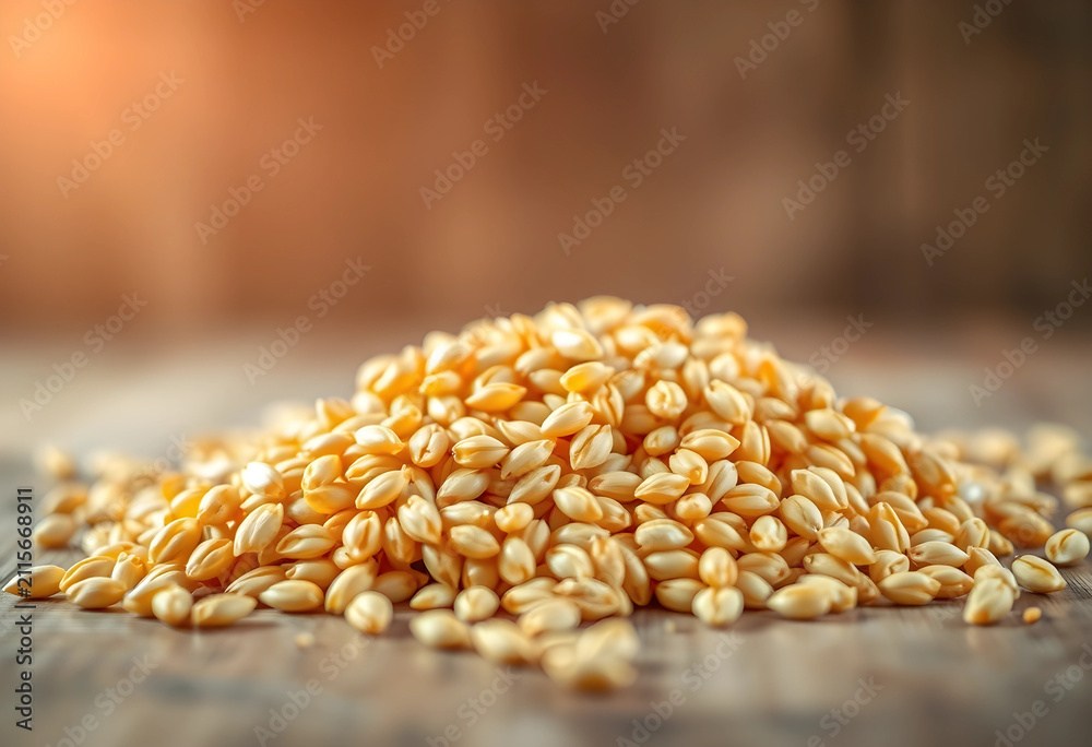 Obraz premium Pile of golden wheat grains on a rustic wooden table with warm sunlight, agriculture and healthy food, the natural texture and detail of the cereal grains are visible