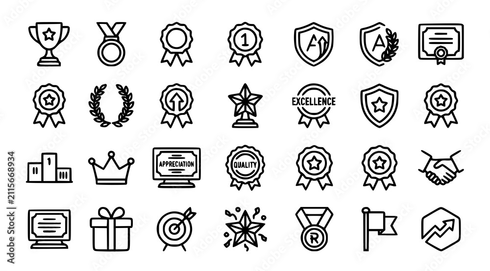 Fototapeta premium Award Line Icons Set with Trophy Medal Ribbon Cup Achievement and Winner Symbols Vector Illustration