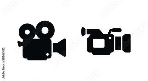 Film camera and clapperboard silhouettes against a white background simple graphic design