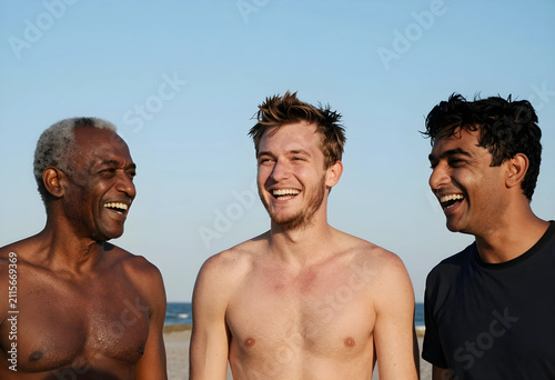 Three diverse men laughing ...
