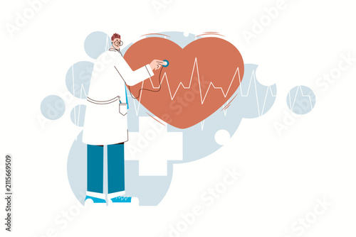 Medical concept of heart health, cardiovascular diagnosis, prevention, cardiac care and routine heart checkup. Vector character illustration.