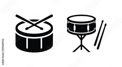 Two black silhouette drums with drumsticks on a white background drum percussion