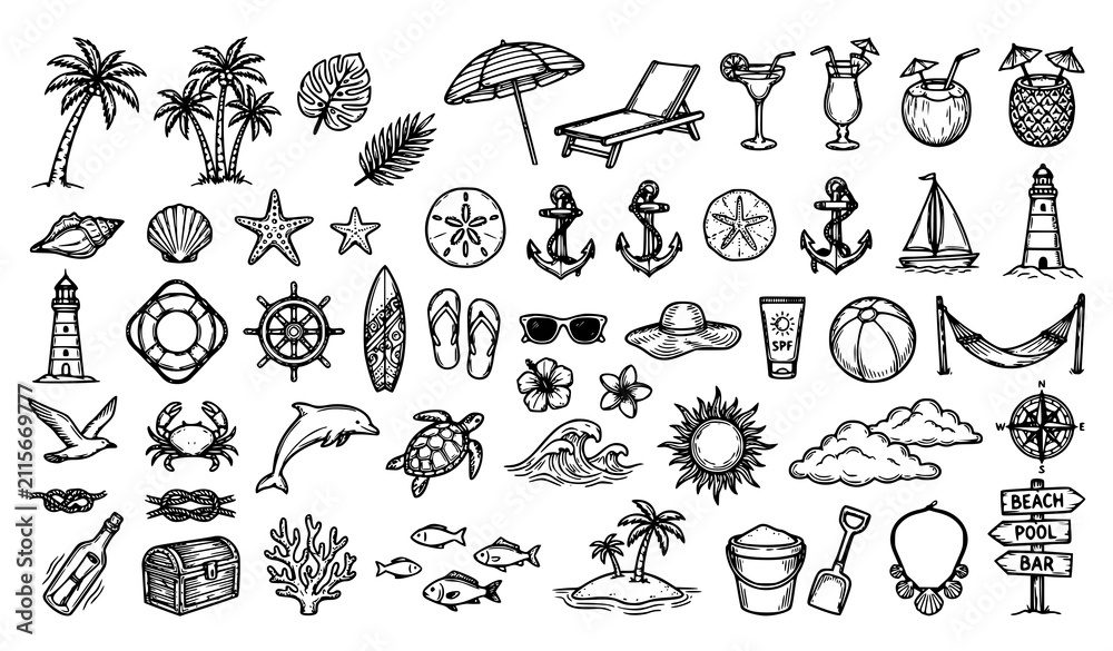Fototapeta premium SEO Title: Vintage Beach Summer Doodle Vector Set with Palm Trees Cocktails Seashells and Nautical Sketch Elements Isolated on Solid White Background