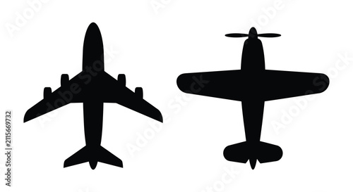 Airplane and propeller plane silhouettes against a white background simple aviation shapes