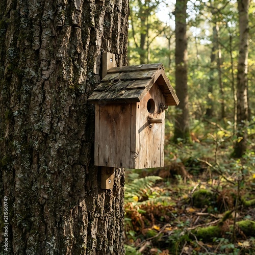 A weathered wooden birdhouse is mounted on the rough bark of a large tree in a sunlit woodland setting with green leaves and forest floor vegetation
