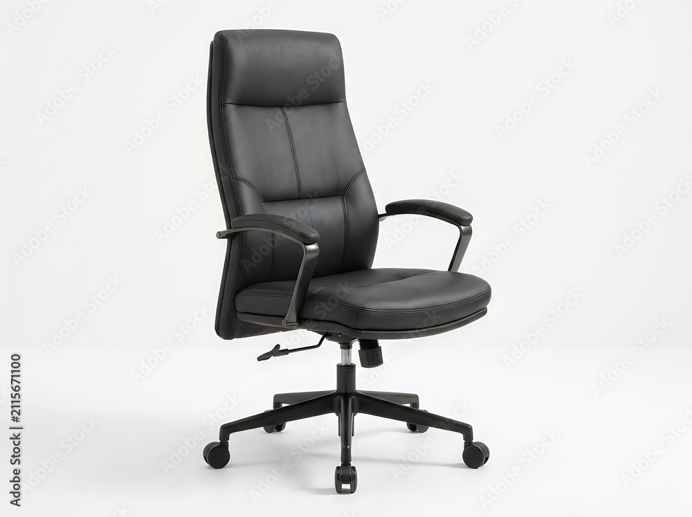 Obraz premium Modern ergonomic black leather office chair with high backrest isolated on white background
