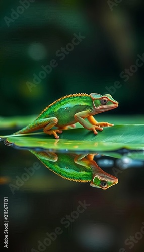 A serene chameleon perched on a leaf reflecting beautifully in the water, serenity, forest floor