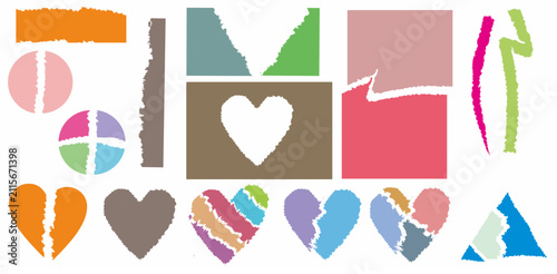Colorful torn ripped paper shapes set vector illustration with hearts circles and geometric banners
