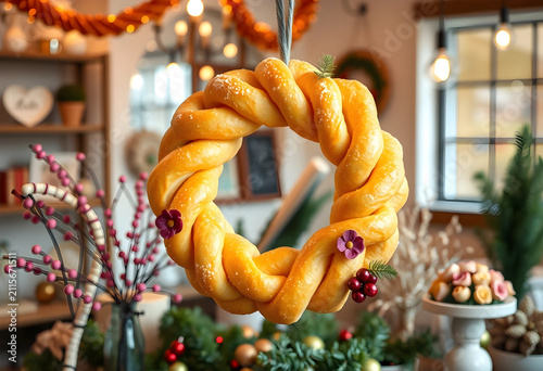 Braided bread wreath with f...