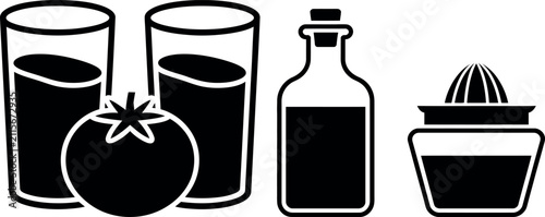 Fotografía Black vector illustration of tomato juice ingredients and bottle with citrus rea