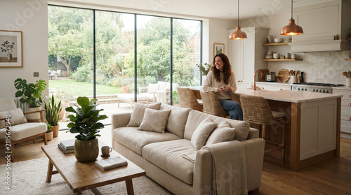 Modern Open Plan Living Room and Kitchen with Natural Sunlight and Garden View