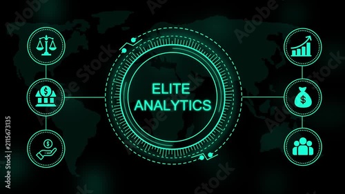 Digital interface with glowing cyan text reading elite analytics surrounded by circular of scales bank building money bag and growth chart