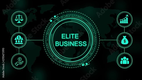 Neon teal elite business text displayed inside a circular digital interface with surrounding financial and a dark map background