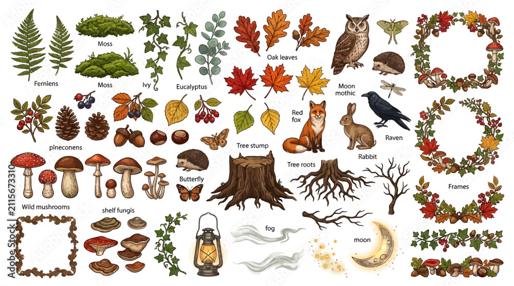 Obraz premium Whimsical forest scene showcases mushrooms, animals, and foliage in a playful, hand-drawn illustration style.