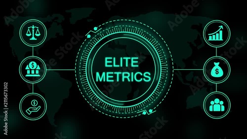 Glowing teal elite metrics text centered within a circular digital interface surrounded by financial and a dark map background