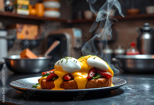 Steaming eggs benedict with...