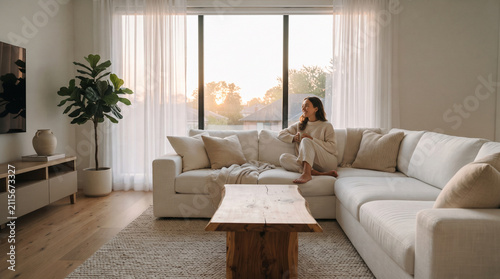 A tranquil woman sits comfortably on a large cream sectional sofa in a bright modern minimalist living room filled with natural morning light