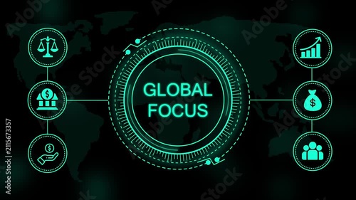 Neon teal global focus text centered inside a circular digital interface with surrounding financial and a dark map background