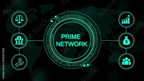 Digital interface with glowing cyan text prime network surrounded by circular of scales bank building money bag growth chart and group of people