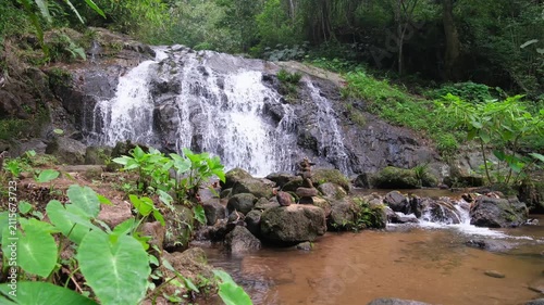 River flowing through the waterfall in the forest