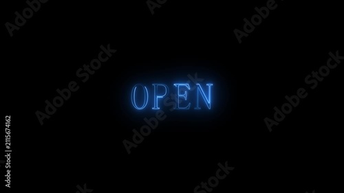 Glowing Blue Neon Open Sign Motion Graphic on Black Background