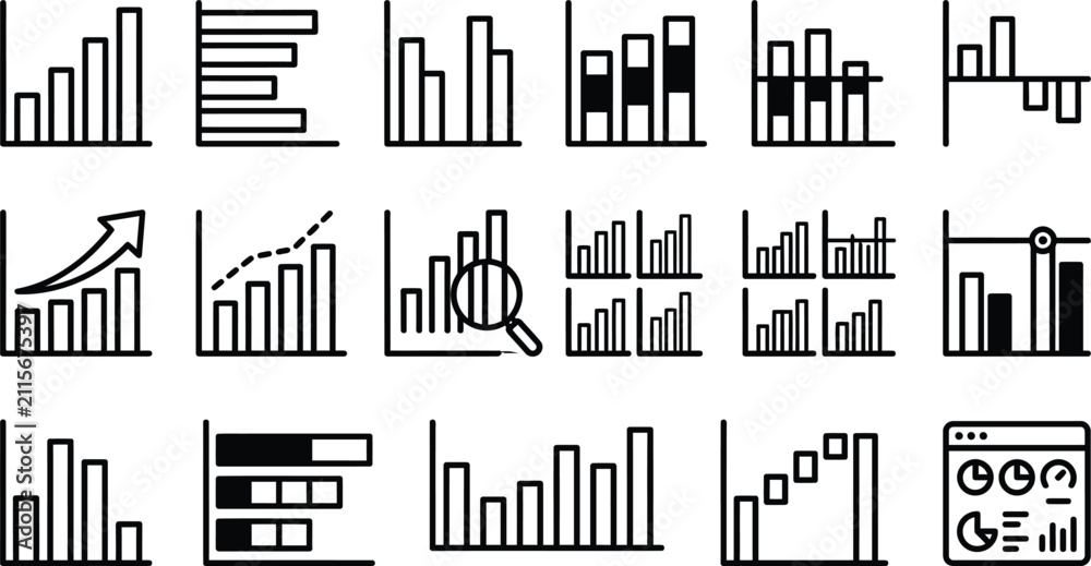 Obraz premium A collection of various black and white line art business chart and graph icons for data analysis presentations