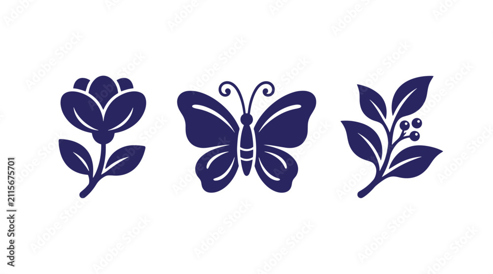 Fototapeta premium Set of blue minimalist nature and wildlife icon symbols with butterfly botanical illustration silhouette wildlife collection minimalism