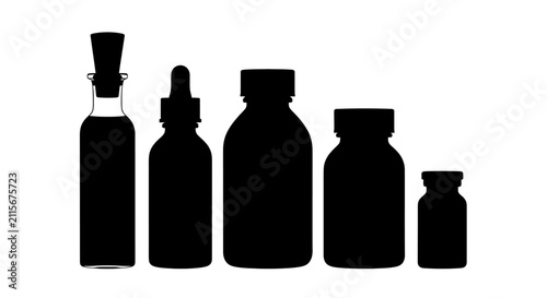 Silhouette of various medicine bottles and vials on white background with silhouettes five different black silhouettes healthcare container with packaging