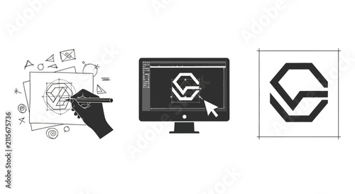 Logo design process on computer screen with hand drawing shapes with illustration creative graphic vector symbol icon art