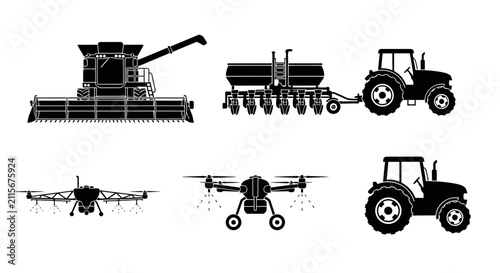 Canvastavla Agricultural machinery and drone silhouettes for farming with black silhouettes