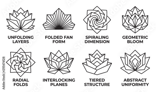 Geometric abstract lotus flower designs representing layers folds and dimensions.
