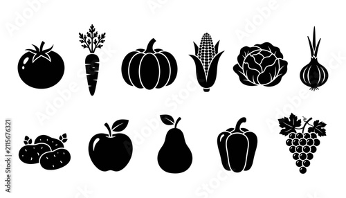 Fotografía Vegetables and Fruits in Black and White Illustration Style Featuring Design, Ve