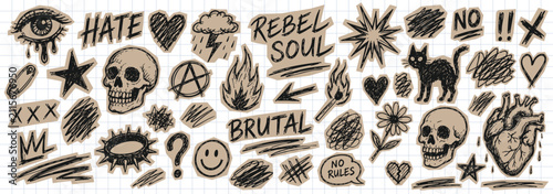 Photography Hand-drawn doodle sticker set featuring skulls, hearts, flames, and punk-inspired symbols on a grid paper background