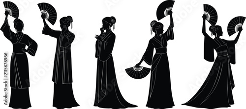 Silhouettes of women in traditional oriental clothing holding folding fans in poses