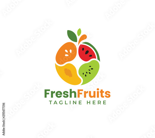 Fresh Mixed Fruits Logo Design For Organic Juice Bar, Healthy Diet Nutrition, Vegan Food Shop, Grocery Store, And Natural Agriculture Farm Identity Vector Template